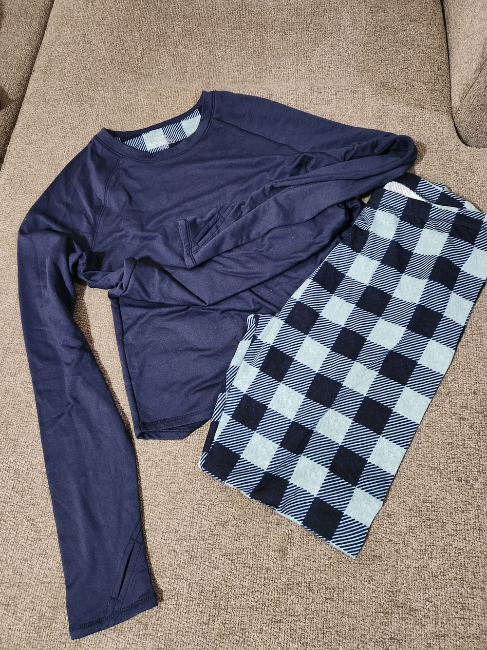Kids Navy Blue Two-Piece Pajama Set with Checkered Pants